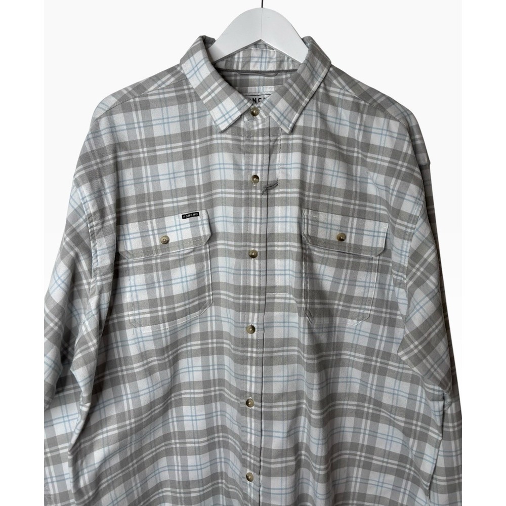 Poncho Snowcat Flannel Shirt Mens XL White Gray Blue Plaid Magnetic Pockets